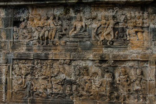 A fragment of the Borobudur Temple wall engravings, Yogyakarta, Indonesia