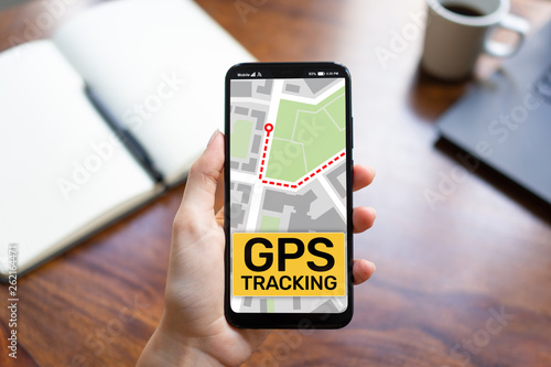 GPS tracking map on smartphone screen.  Global positioning system, navigation concept.