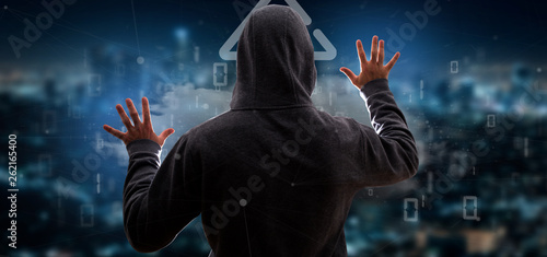 Photos Man hacking a Binary cloud with upload internet arrow 3d rendering