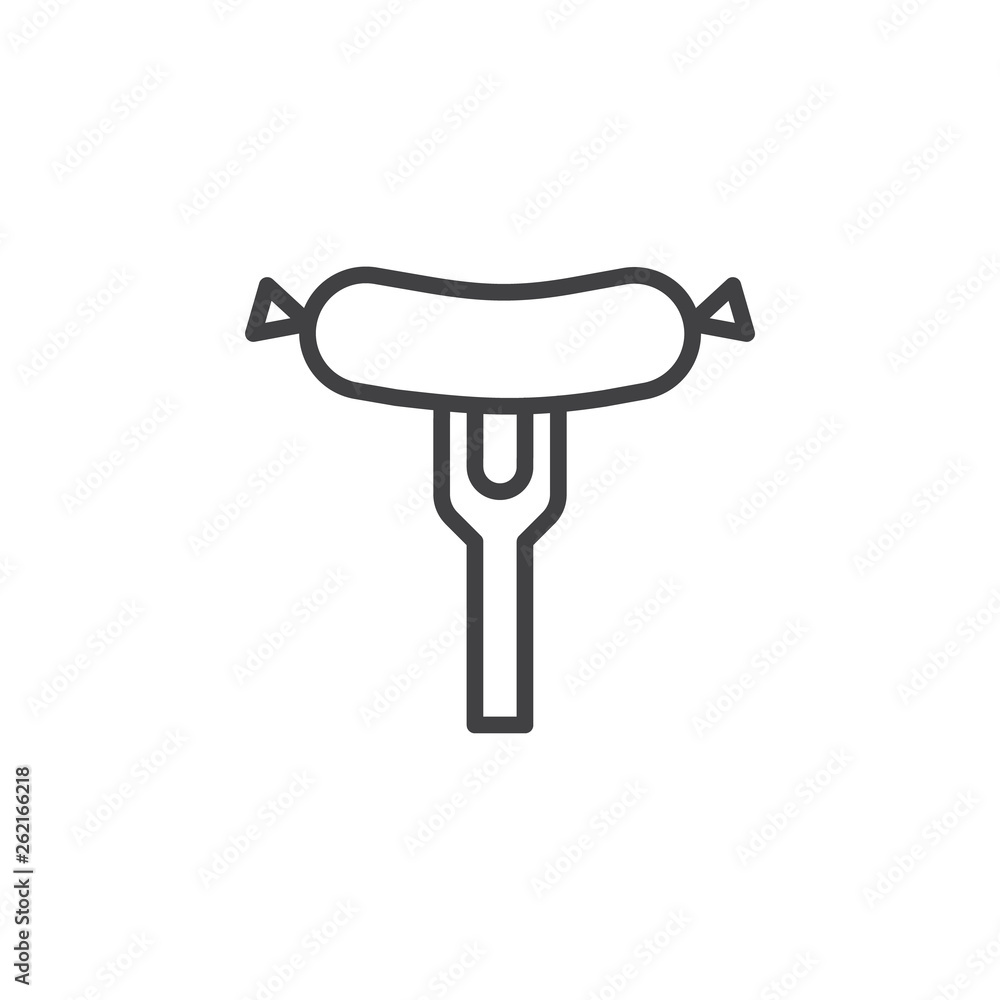 Sausage and fork line icon. Frankfurter linear style sign for mobile concept and web design. Grill sausage outline vector icon. BBQ party symbol, logo illustration. Pixel perfect vector graphics Sausage and fork line icon. Frankfurter linear style sign for mobile concept and web design. Grill sausage outline vector icon. BBQ party symbol, logo illustration. Pixel perfect vector graphics