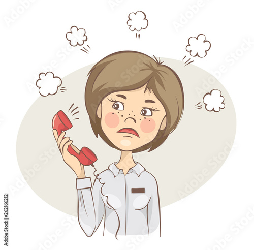 A disgruntled customer. Young woman takes a phone call, vector illustration.