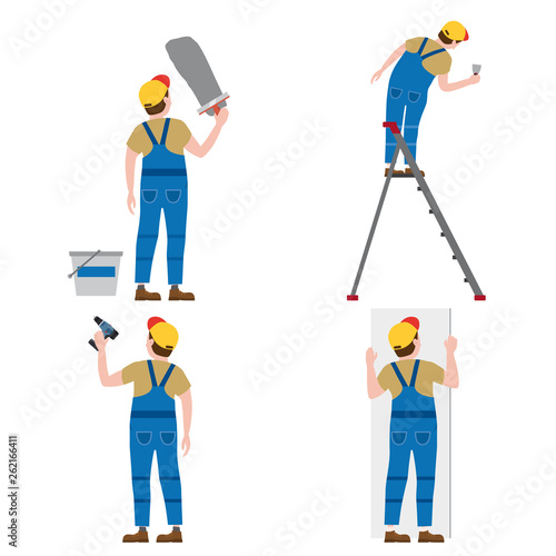 Set Workers put plaster on a stepladder, with a screwdriver installing gypsum plasterboard panels in the interior