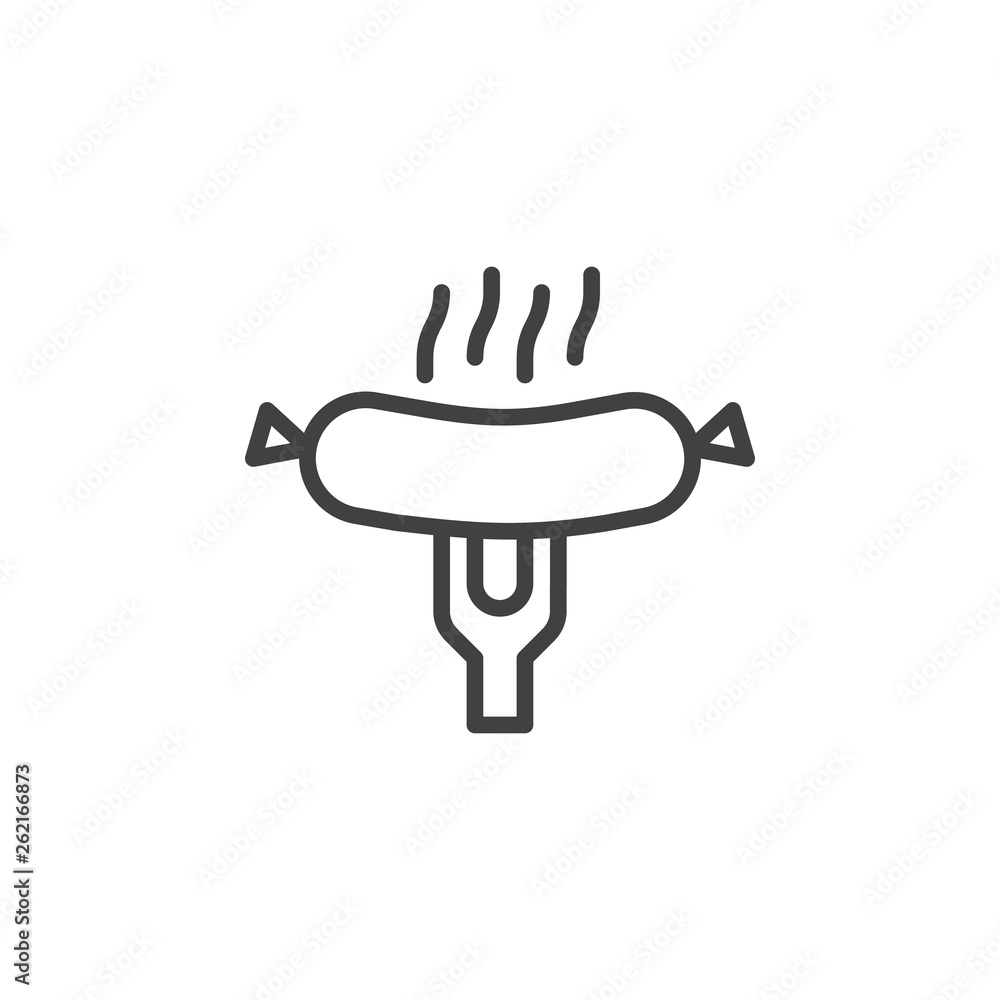 Grilled sausage on a fork line icon. Frankfurter sausage linear style sign for mobile concept and web design. Barbeque sausage outline vector icon. Symbol, logo illustration. Pixel perfect vector Grilled sausage on a fork line icon. Frankfurter sausage linear style sign for mobile concept and web design. Barbeque sausage outline vector icon. Symbol, logo illustration. Pixel perfect vector
