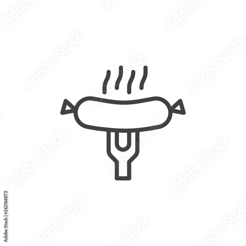 Grilled sausage on a fork line icon. Frankfurter sausage linear style sign for mobile concept and web design. Barbeque sausage outline vector icon. Symbol, logo illustration. Pixel perfect vector 
