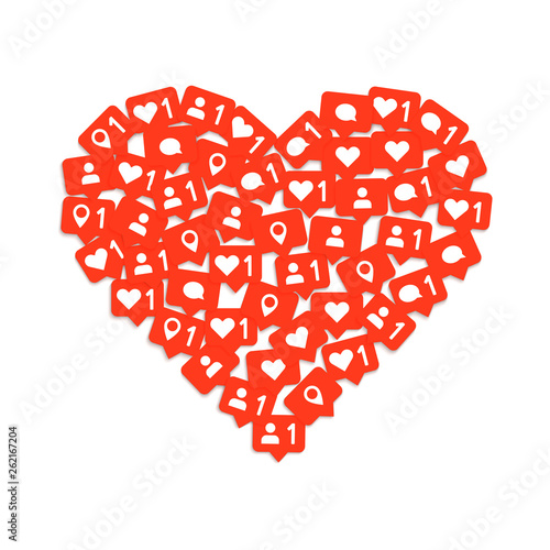 Heart shape media composition with like, comment and subscription. Social media like. Vector illustration.