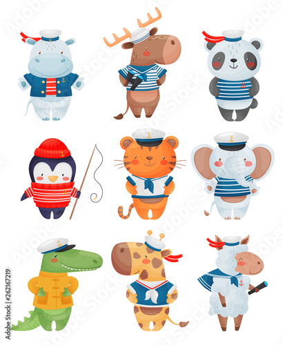 Animals sailors characters in cartoon style. Set of cute funny little sailors vector illustration.