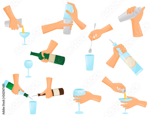 Set of silhouette hands bartender mixing cocktails. Vector illustration.