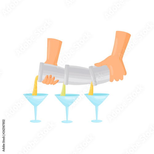 Silueety bartender hands pour cocktail from a shaker into a glass of martini. Vector illustration.