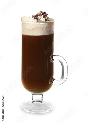 Glass cup of tasty frappe coffee on white background