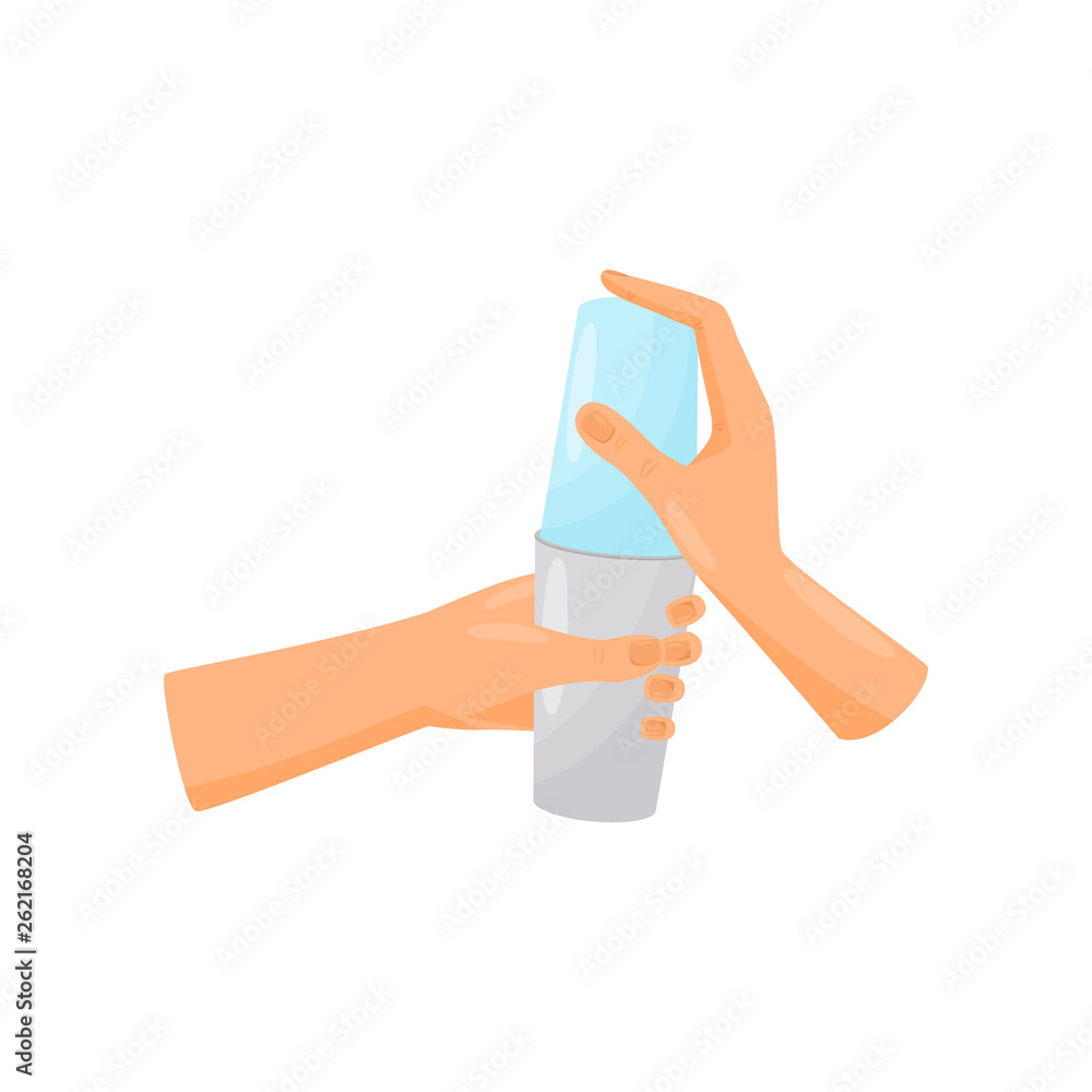 Hands of bartender mixed cocktail in blue and steel bowl. Vector illustration.