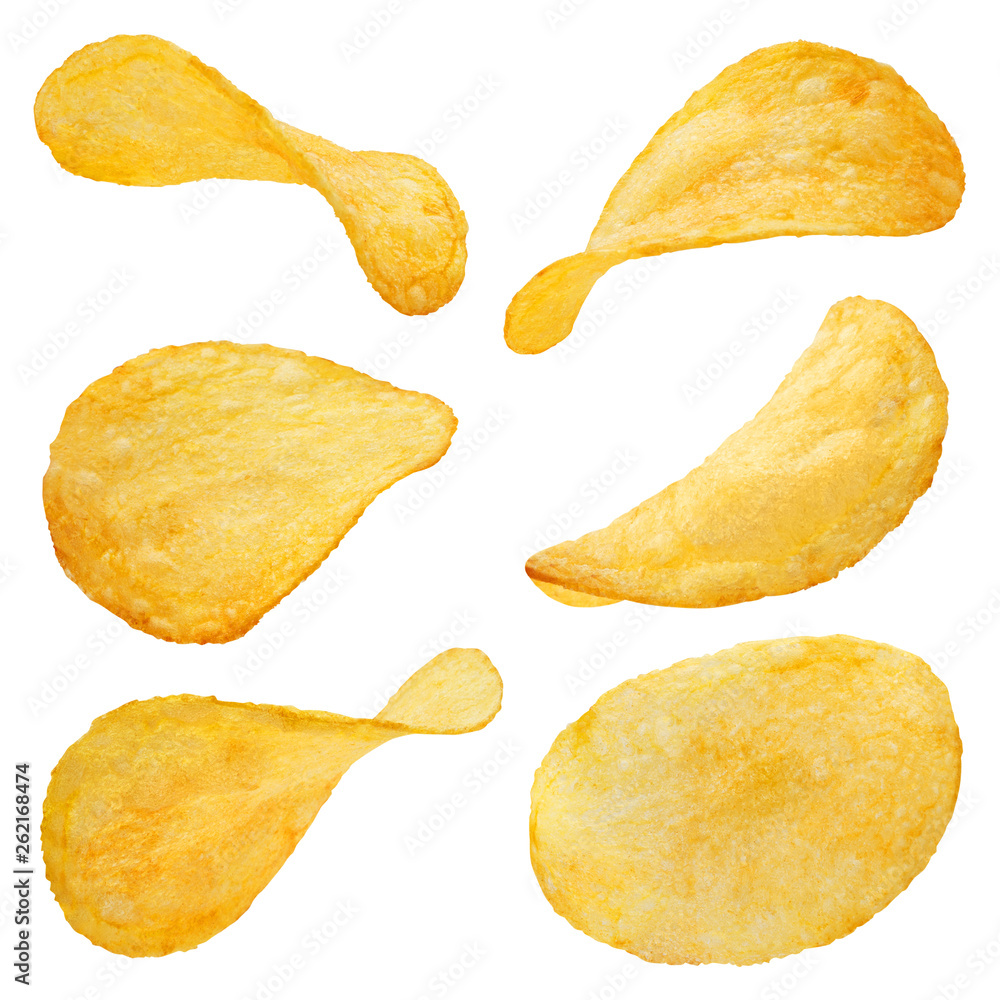Collection of potato chips, isolated on white background Collection of potato chips, isolated on white background