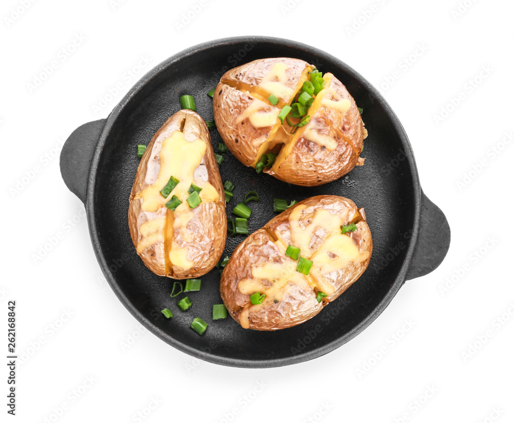 Frying pan with tasty baked potato on white background Frying pan with tasty baked potato on white background