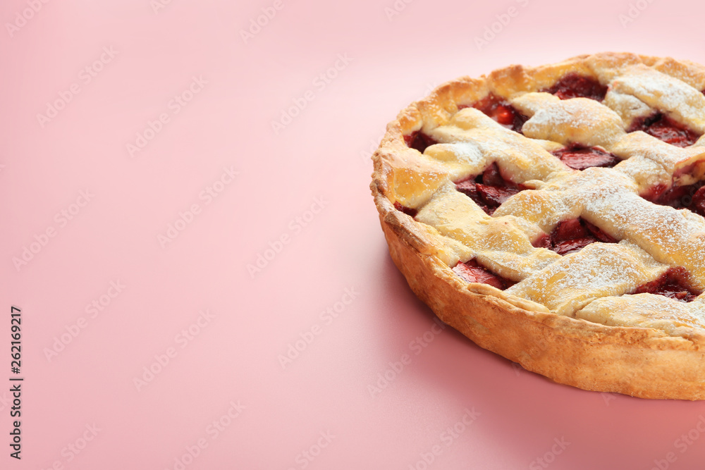 Tasty strawberry pie on color background Tasty strawberry pie on color background