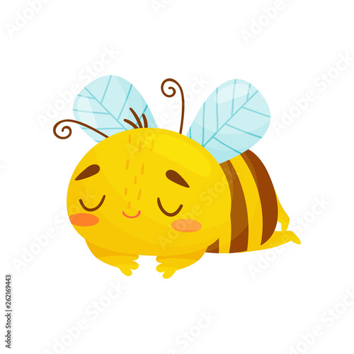 Sleeping bee. Humanized bee sleeping sweetly. Vector illustration on white background. Cartoon style.