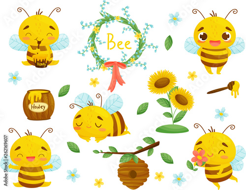 Set of bee, honey and other beekeeping illustration. Vector. Cartoon.