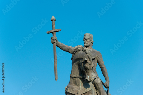 Telavi, Georgia - Jul 11 2018: Statue of Heraclius II at Telavi castle (Batonis Tsikhe Fortress). a famous Historic site in Telavi, Kakheti, Georgia.