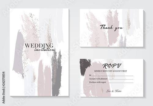 Design templates in pastel grey pink colors.Event invitation mockup. Can be used in perfumery, cosmetic and fashion business. Soft colors and glitter foil brush strokes