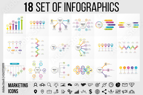 Vector 18 Set Of Infographics Template Design . Business Data Visualization Timeline with Marketing Icons most useful can be used for presentation  diagrams  annual reports  workflow layout