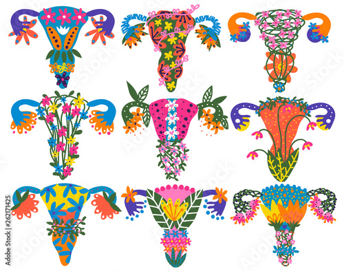 Female Reproductive System Made of Colorful Flowers and Plants Set Vector Illustration