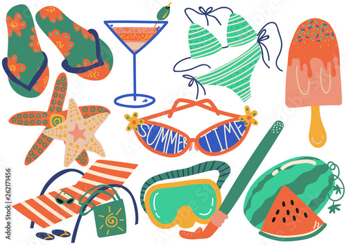 Summer Holiday Symbols Set, Flip Flops, Bikini, Cocktail, Sunglasses, Popsicle, Chaise Longue, Starfish Vector Illustration