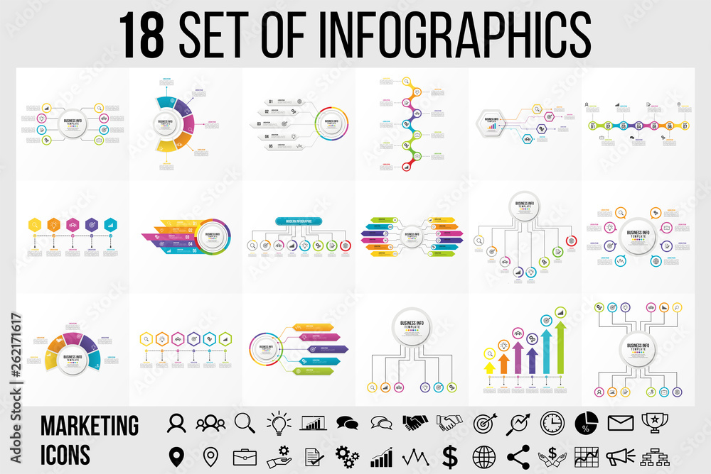 Vector 18 Set Of Infographics Template Design . Business Data Visualization Timeline with Marketing Icons most useful can be used for presentation, diagrams, annual reports, workflow layout