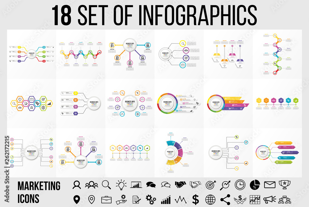 Fototapeta premium Vector 18 Set Of Infographics Template Design . Business Data Visualization Timeline with Marketing Icons most useful can be used for presentation, diagrams, annual reports, workflow layout