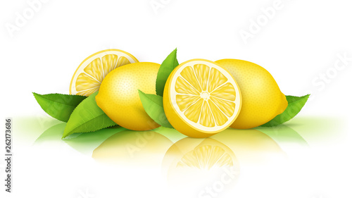 Lemons isolated on white background. Fresh juicy yellow fruits cut in half and whole and green leaves, natural vegan food, ingredient for drinks, organic cosmetics. Design element for packaging.