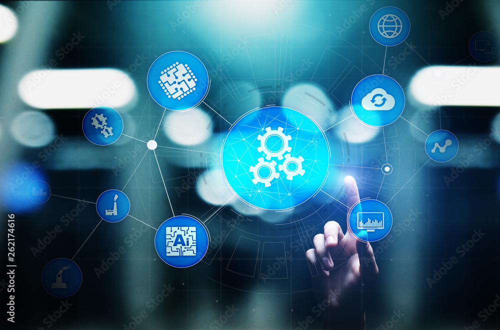Automation of business and industrial manufacturing process. Technology innovation and software development concept on virtual screen. Automation of business and industrial manufacturing process. Technology innovation and software development concept on virtual screen.