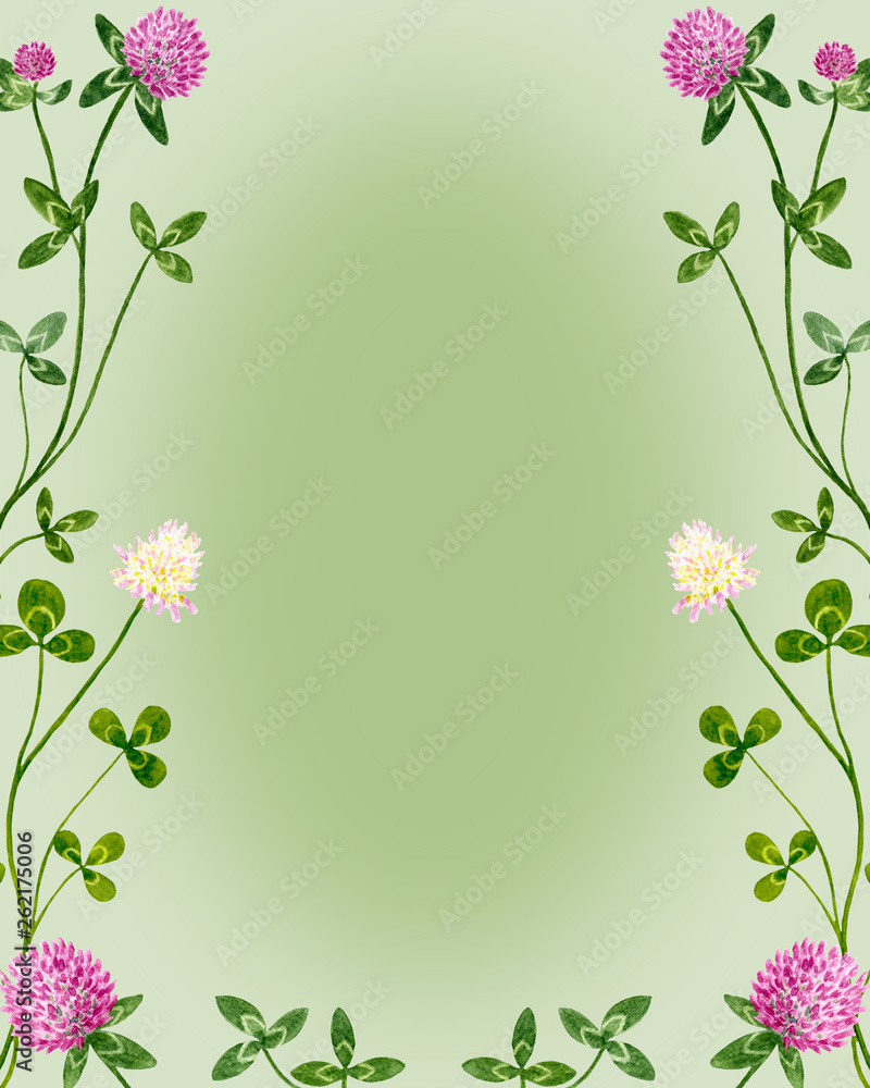 Watercolor clover flowers and leaves frame. Hand painted illustration on green background with place for text