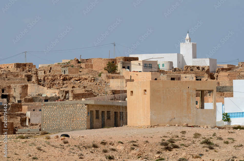 Berber village Tamezret Gabes province mosque hot desert of North Africa in Tunisia Berber village Tamezret Gabes province mosque hot desert of North Africa in Tunisia