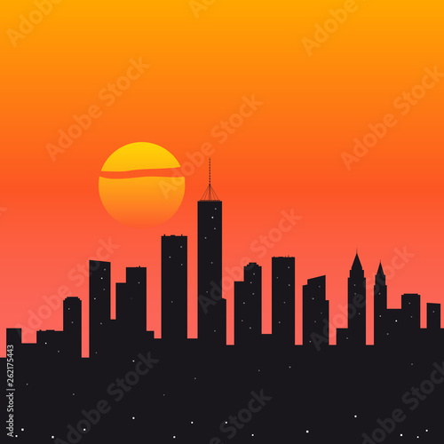 City sunset flat vector illustration