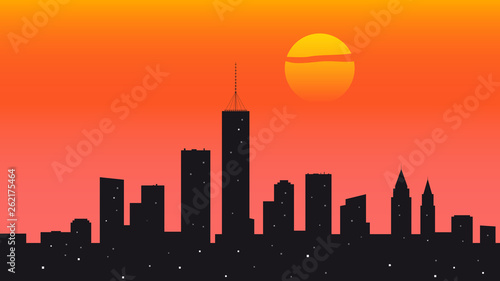 City sundown panorama flat vector illustration