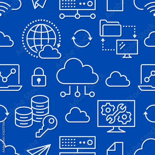 Cloud data storage seamless pattern with line icons. Database background, information, server center, global network, backup, security vector illustrations. Technology blue white wallpaper