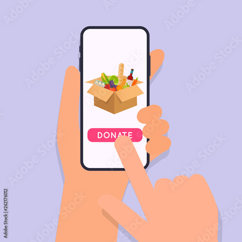 Hand holding mobile smart phone with donation app. Concept for charity online service.  Flat vector illustration.
