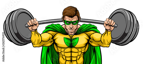 Superhero cartoon sports mascot weightlifter super hero character lifting very large barbell weight photo