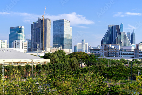 aerial view  Bangkok city urban downtown skyline  modern office buildings and condominium tower on blue sky background , City scape Bangkok City Thailand