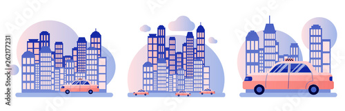 Taxi service. Background the city with skyscrapers. Flat style. Vector illustration