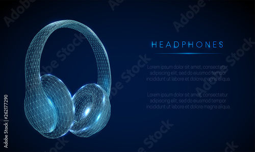 Abstarct low poly style headphones. Wireframe structure.