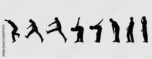 Black silhouette of a jumping boy. Transparent background. Vector illustration.