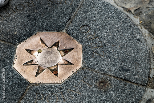 Sign on the ground indicating the point zero of France in Paris.