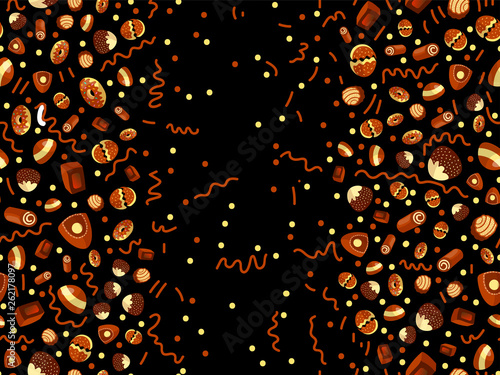 Chocolate candy frame of choco candies on black background. Chocolate candy banner, top view, flat lay with decorative elements. Chocolats candy background