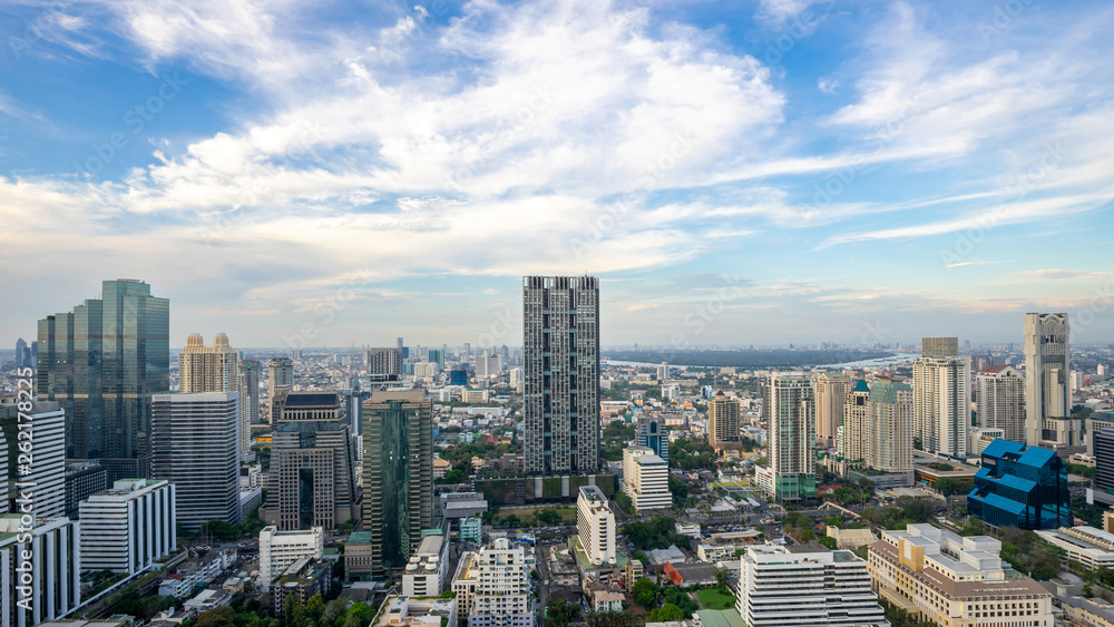 Bangkok City - Aerial view  Bangkok city urban downtown skyline tower of Thailand on blue sky background , City scape Thailand