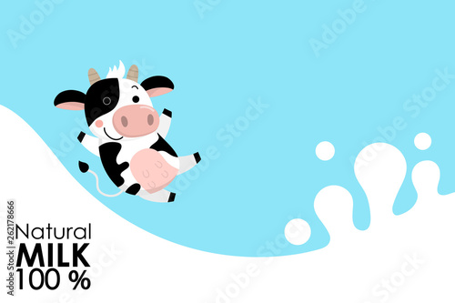 Fresh milk splash with cute cow. Organic healthy food banner. Dairy product packaging. Farm animal cartoon character.