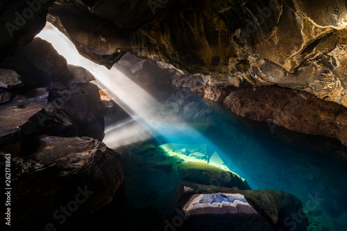 Grjotagja volcanic cave with hot thermal water near lake Myvatn  Iceland