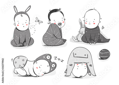Cute little newborn babies in various poses. Hand drawn vector set. Monochrome kids with red cheeks. Trendy illustration. All elements are isolated