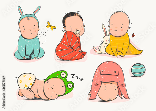Cute little newborn babies in various poses. Hand drawn vector set. Colorful trendy illustration. All elements are isolated