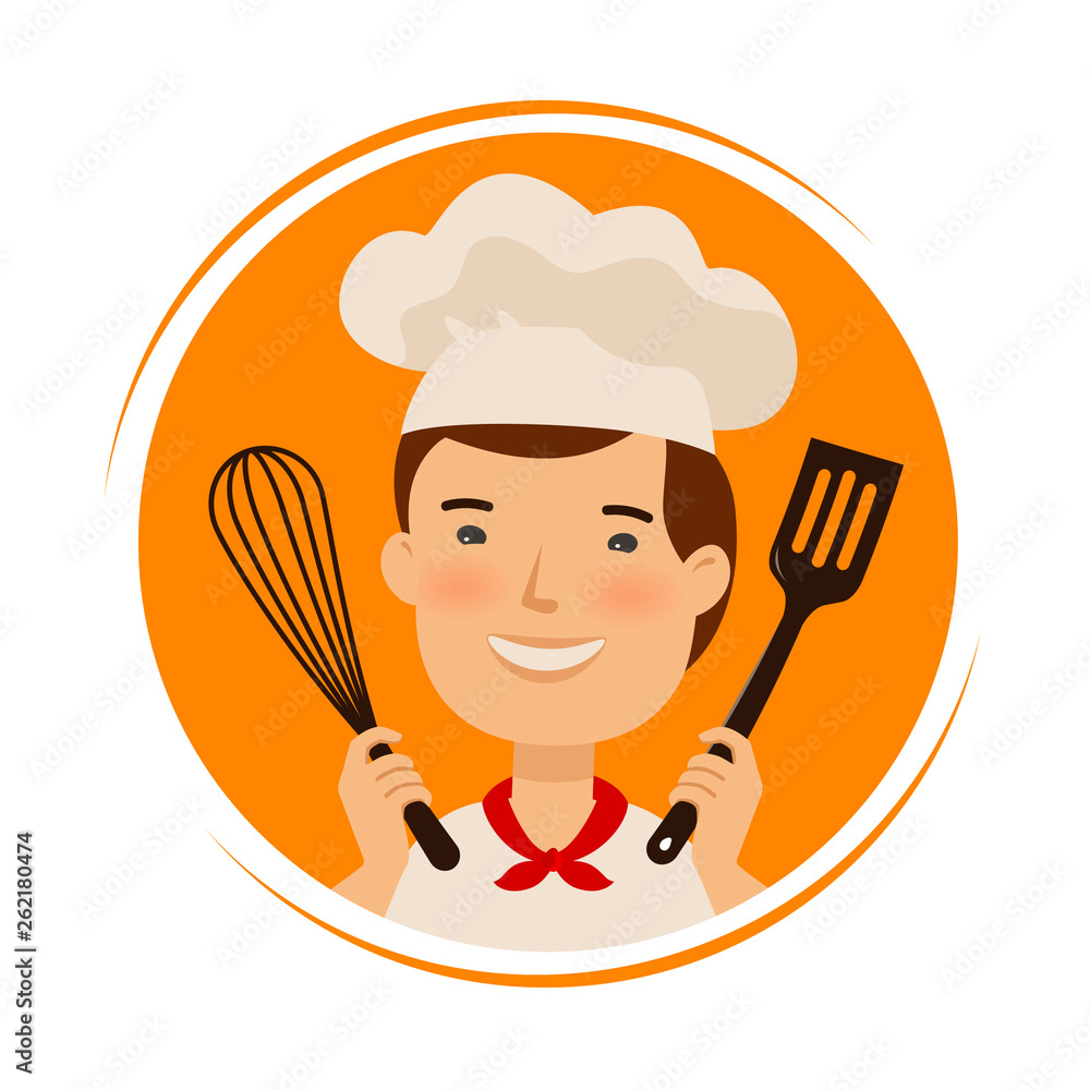 Cute pastry chef characters set with bread and cooking tools, flat design, Stock vector