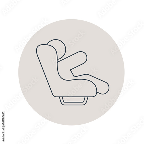 Icono plano lineal niño sentado en asiento de coche en círculo color gris