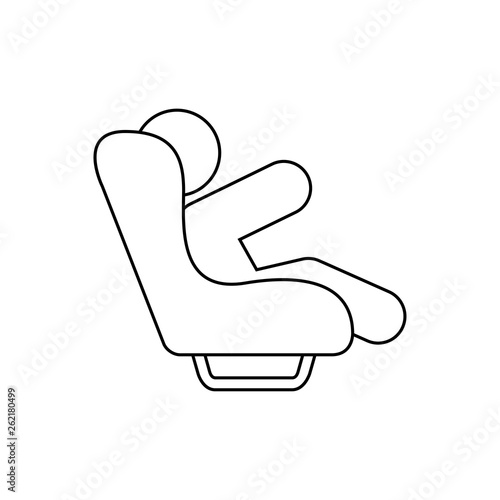 Icono plano lineal niño sentado en asiento de coche en color negro