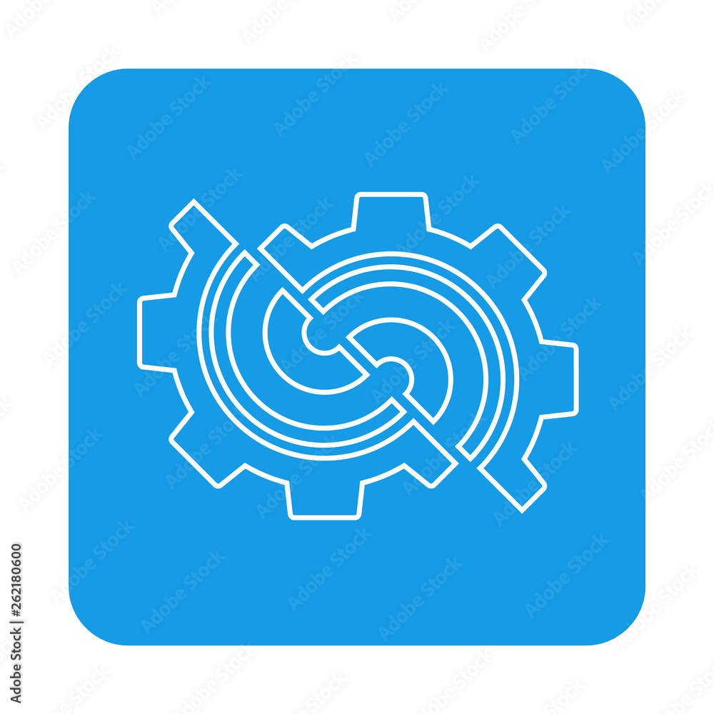 Logotipo abstracto con texto Gear con engranaje lineal dividido por la mitad en cuadrado color azul Logotipo abstracto con texto Gear con engranaje lineal dividido por la mitad en cuadrado color azul